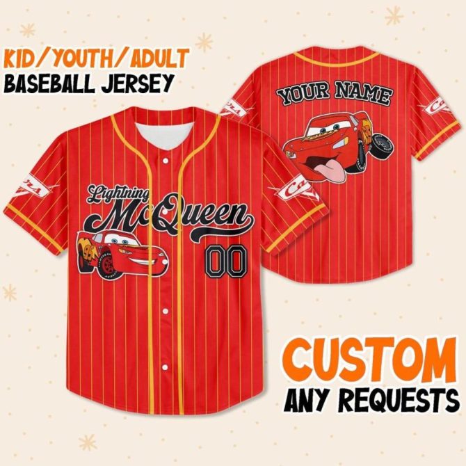 Custom Lightning Mcqueen Baseball Jersey - Kids/Youth/Adult - Personalized Name & Design