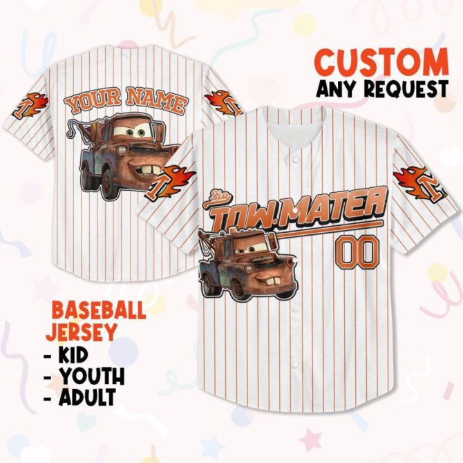 Custom Tow Mater Baseball Jersey – Kids, Youth & Adults – Personalize Your Name!