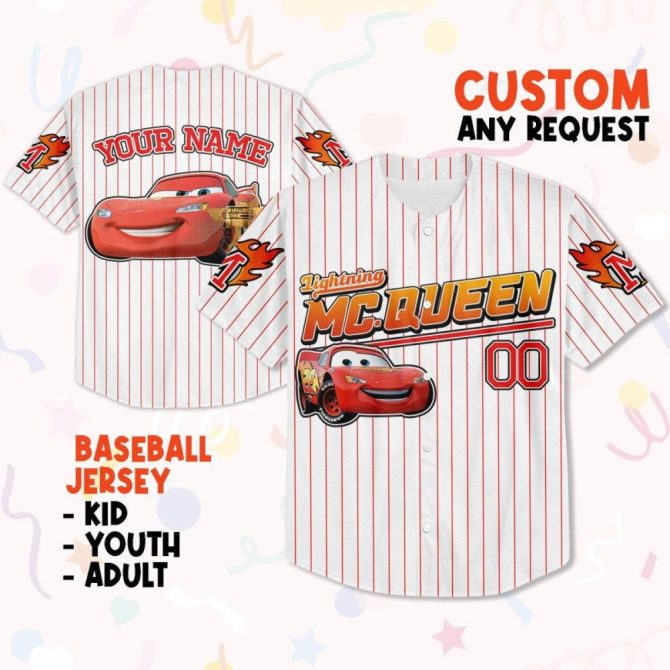 Custom Lightning Mcqueen Baseball Jersey - Kids, Youth, Adult Sizes - Personalized Sportswear Gift - Image 2