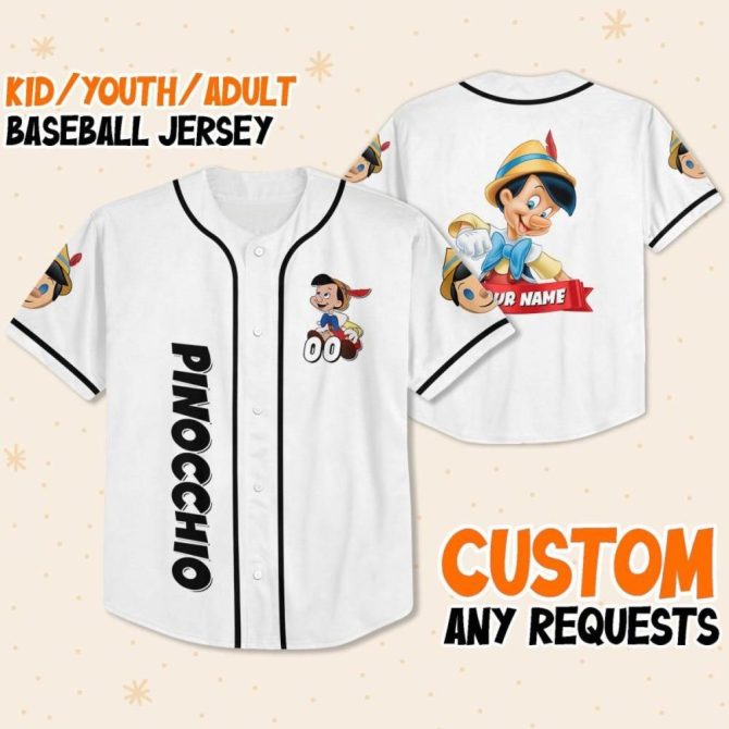 Customizable Pinocchio Baseball Jersey For Kids/Youth/Adults – Personalize With Your Name!