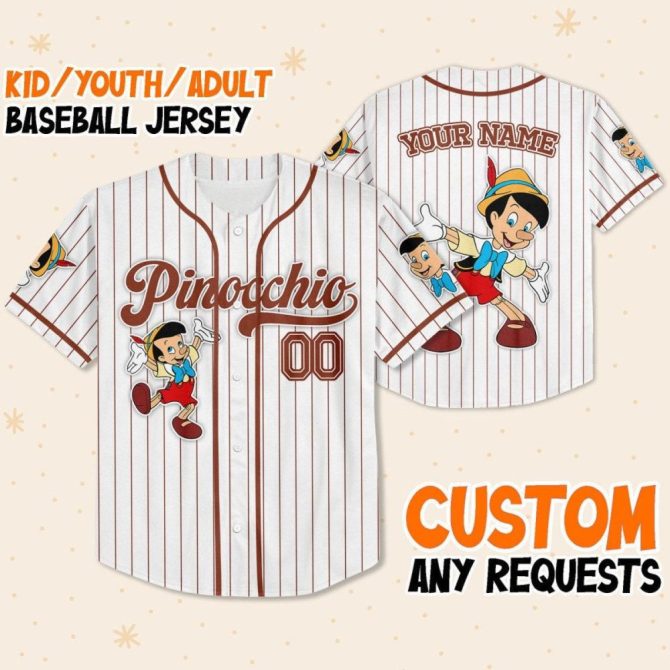 Custom Pinocchio Baseball Jersey - Personalized For Kids, Youth, Adults - Unique Gift!
