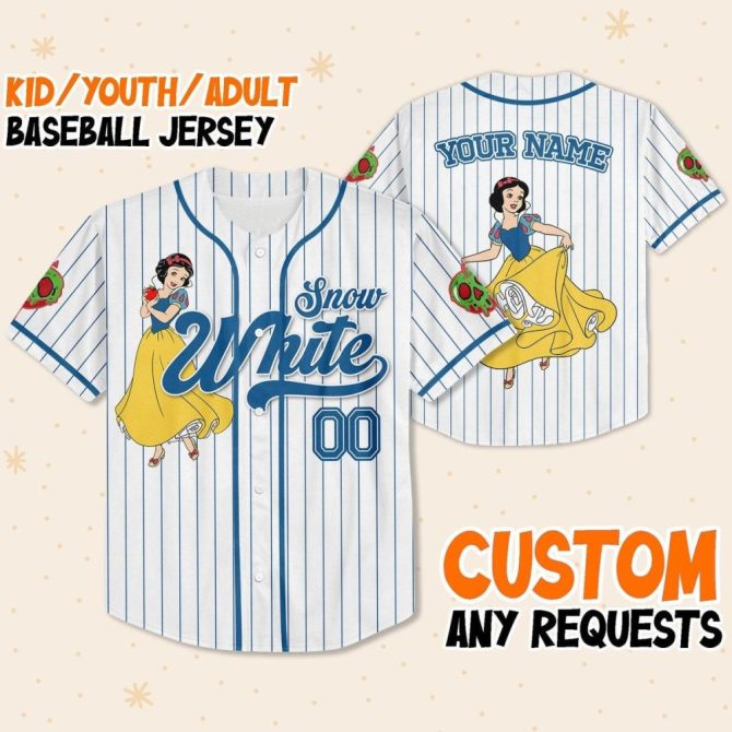 Custom Snow White Baseball Jersey For Kids/Youth/Adults - Personalized Name & Number