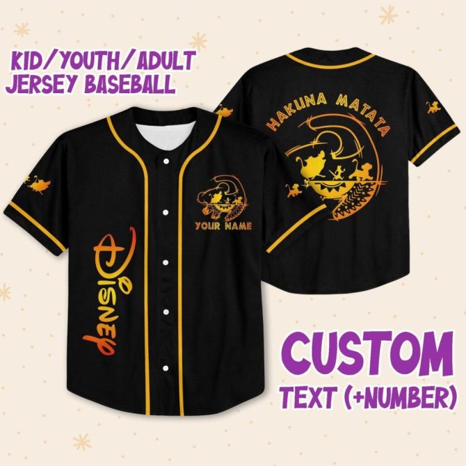 Custom Disney Baseball Jersey - Kid/Youth/Adult - Add Name & Number - Hakuna Matata Design