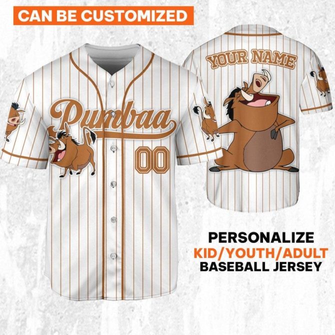 Customizable Pumbaa Baseball Jersey For Kids/Youth/Adults – Add Your Name!
