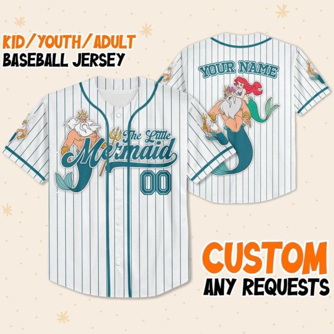 Custom Little Mermaid Baseball Jersey For Kids/Youth/Adults - Personalize Your Name!
