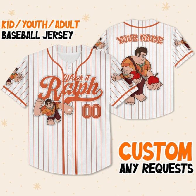 Customizable Wreck-It Ralph Baseball Jersey For Kids, Youth & Adults - Add Your Name!
