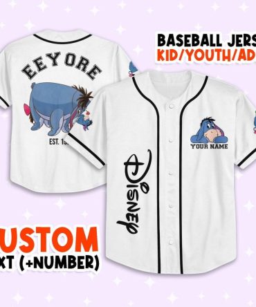 Custom Disney Eeyore Baseball Jersey - Kids/Youth/Adult - Personalize Name & Number