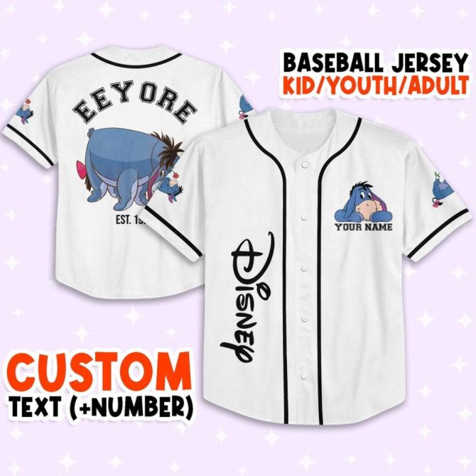 Custom Disney Eeyore Baseball Jersey - Kids/Youth/Adult - Personalize Name & Number