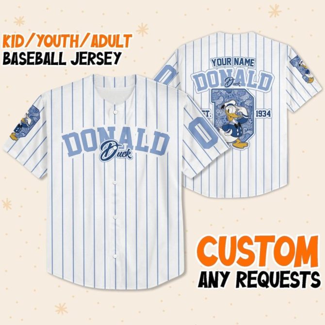 Customizable Donald Duck Baseball Jersey For Kids/Youth/Adults - Personalize Your Style! - Image 2