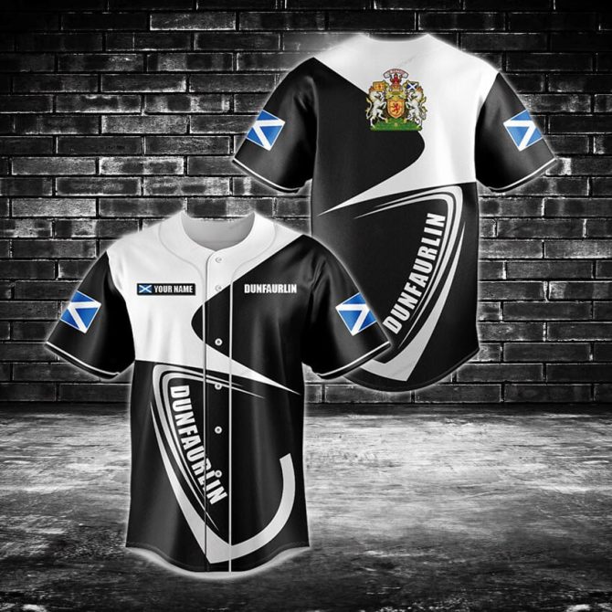 Custom Dunfaurlin Baseball Jersey - Stylish Black & White Design With Scottish Flags
