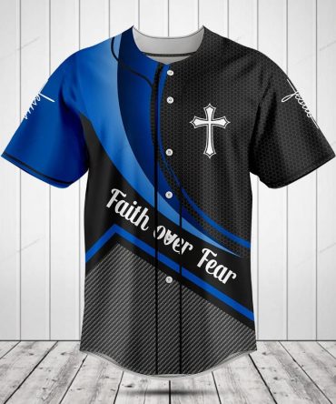 Faith Over Fear Baseball Jersey – Blue & Black Cross Design Shirt For Men