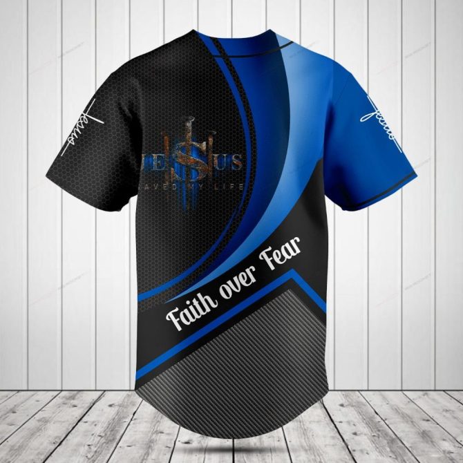 Faith Over Fear Baseball Jersey – Blue & Black Cross Design Shirt For Men - Image 2