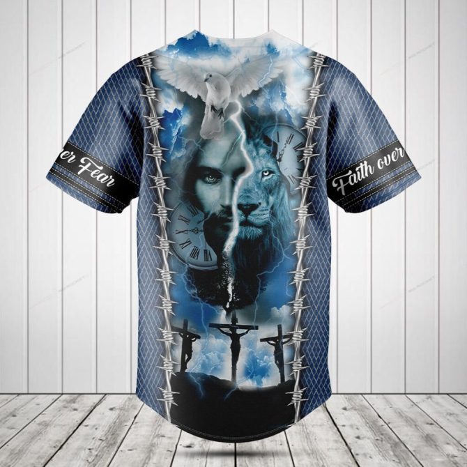 Faith Over Fear Spiritual Baseball Jersey - Bold Lion & Clock Design, Men'S Christian Apparel - Image 2
