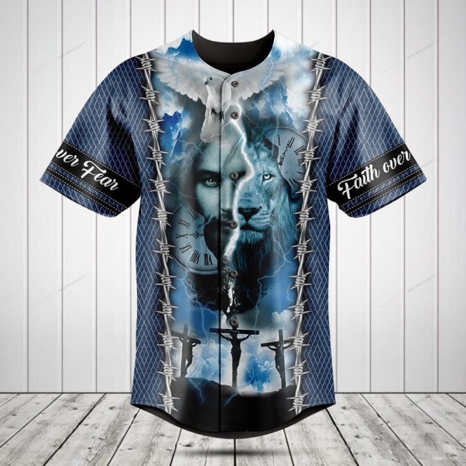 Faith Over Fear Spiritual Baseball Jersey - Bold Lion & Clock Design, Men'S Christian Apparel