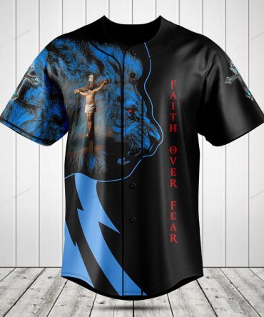 Faith Over Fear Graphic Baseball Jersey - Bold Lion & Cross Design - Men'S Spiritual Apparel
