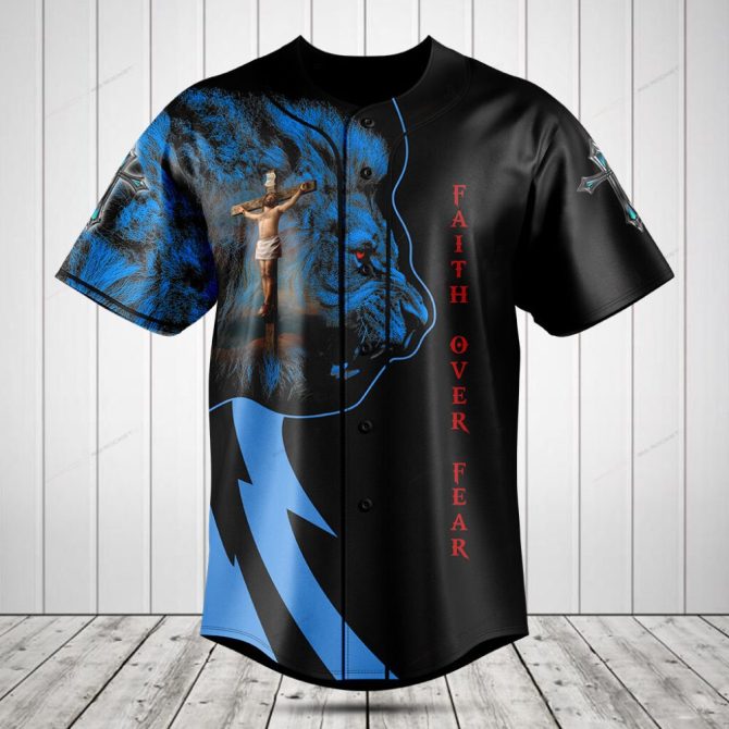 Faith Over Fear Graphic Baseball Jersey - Bold Lion & Cross Design - Men'S Spiritual Apparel