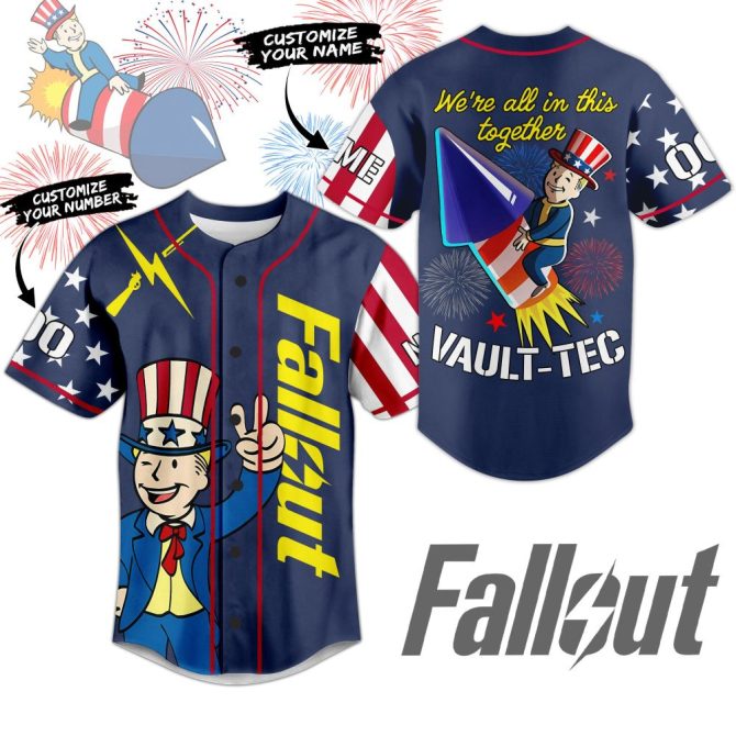 Customizable Fallout Vault-Tec Baseball Jersey – Unique Patriotic Design, Add Name & Number!