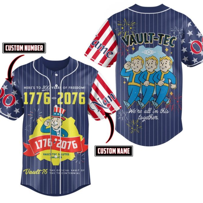 Custom Vault-Tec Baseball Jersey - Personalized Name & Number - 1776-2076 Patriotic Design