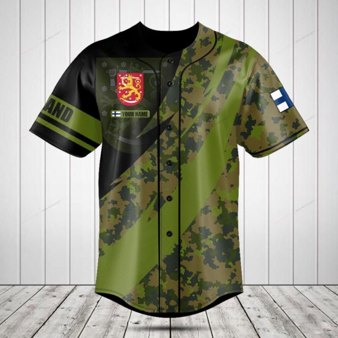Custom Camo Baseball Jersey – Finland Flag & Personalized Name – Unique Military Style Top