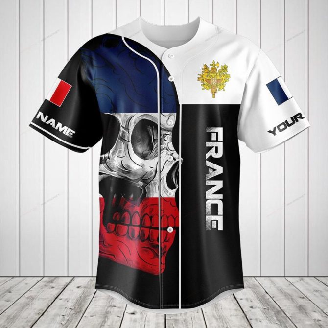 Custom France Skull Flag Baseball Jersey – Personalized Name & Number, Unique Design