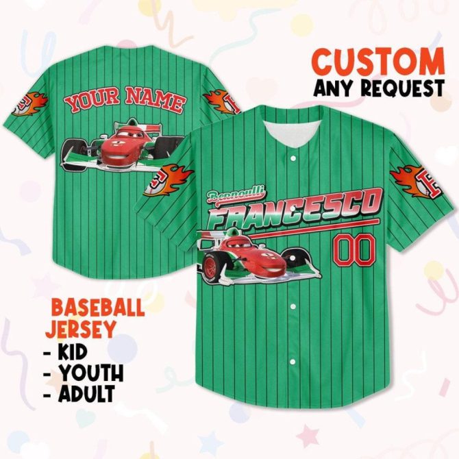 Customizable Kids Baseball Jersey - Fun Racing Car Design - Personalize With Your Name! - Image 2