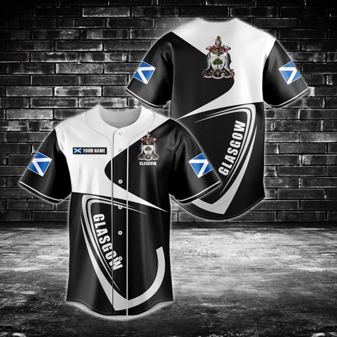 Custom Glasgow Baseball Jersey – Stylish Black & White Design With Scottish Flag
