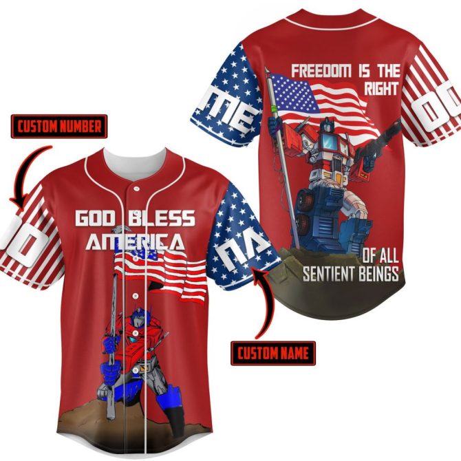 Custom Patriotic Transformer Baseball Jersey – God Bless America Design, Personalize Now!