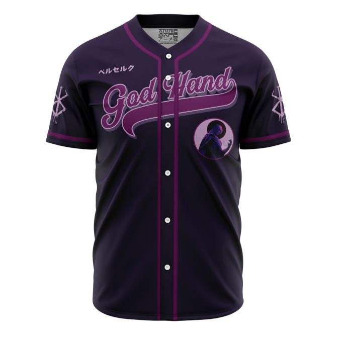 Anime Inspired 'God Hand' Baseball Jersey - Stylish Purple & Black Design