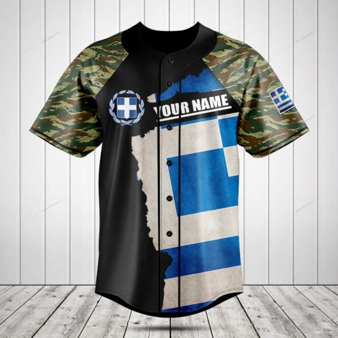 Custom Greek Flag Baseball Jersey – Personalized Name & Camo Sleeves – Unique Gift Idea