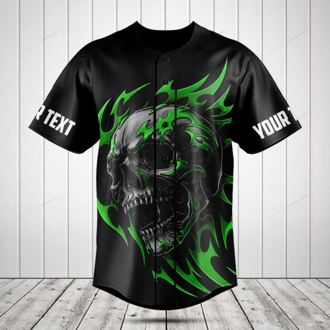 Customizable Black Skull & Flames Baseball Jersey - Bold Graphic Tee For Unique Style