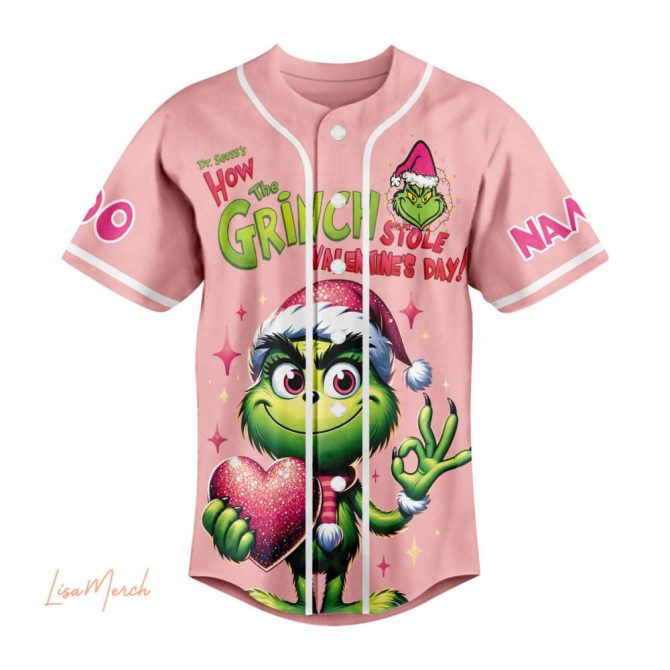 Custom Grinch Valentine'S Day Baseball Jersey - Funny Pink Shirt For Holiday Fun! - Image 3