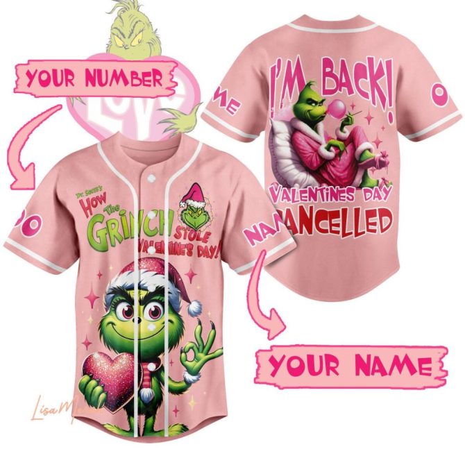 Custom Grinch Valentine'S Day Baseball Jersey - Funny Pink Shirt For Holiday Fun!