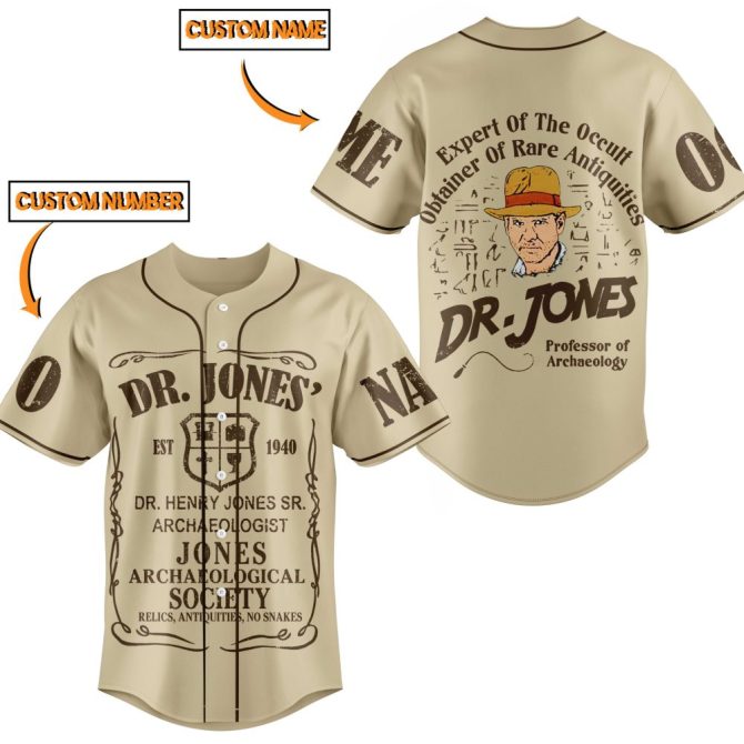 Custom Dr. Jones Baseball Jersey – Personalize Name & Number, Vintage Archaeology Style