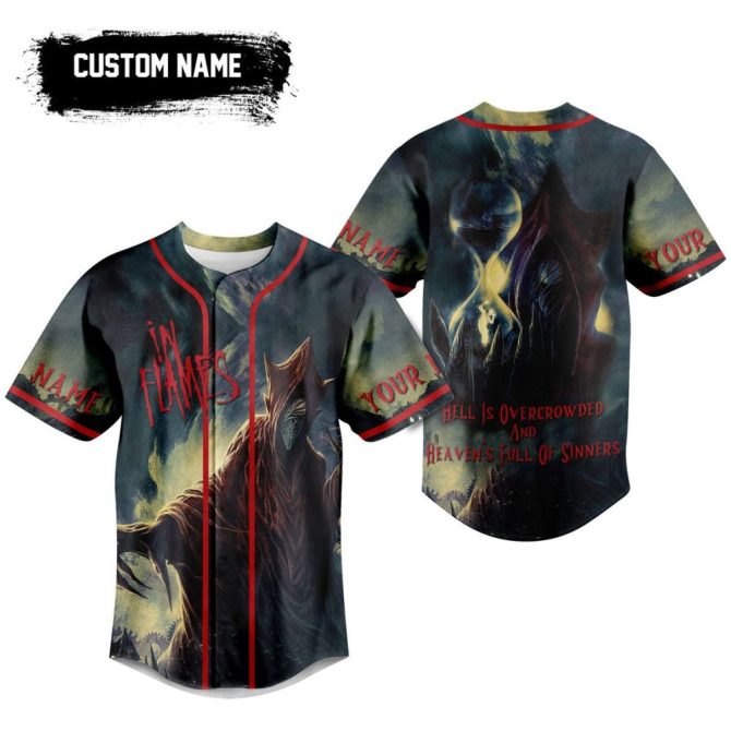 Customizable In Flames Baseball Jersey - Unique Gothic Art Design, Perfect Gift For Metal Fans