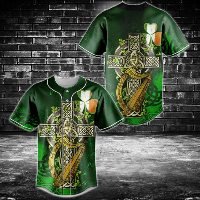 Irish Celtic Baseball Jersey - Shamrock & Harp Design, Green St. Patrick'S Day Shirt