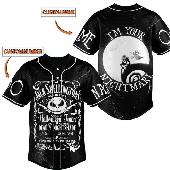 Custom Nightmare Baseball Jersey – Jack Skellington Design, Personalized Name & Number, Perfect Halloween Gift