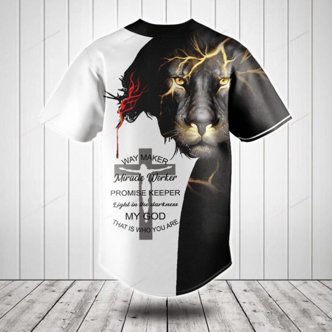 Certainly! Here'S A High Ctr Product Title For The Shirt:

Bold Lion & Faith Graphic Baseball Jersey - Unique Christian Apparel - Image 2