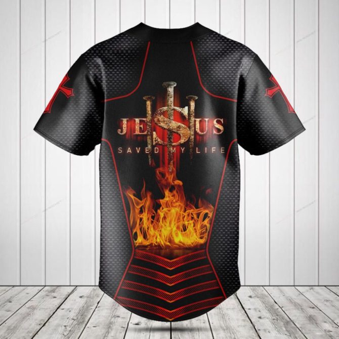 Faith-Inspired Baseball Jersey - 'Jesus Saved My Life' Design, Bold Black & Red With Flame Graphics - Image 2