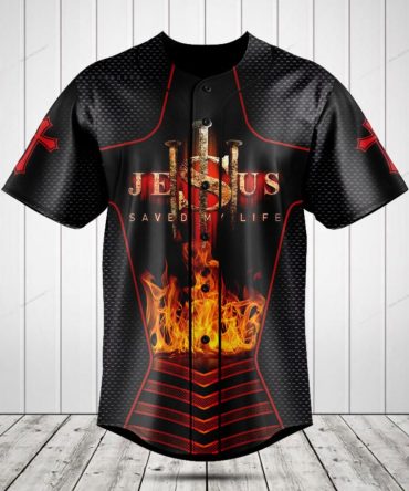 Faith-Inspired Baseball Jersey - 'Jesus Saved My Life' Design, Bold Black & Red With Flame Graphics