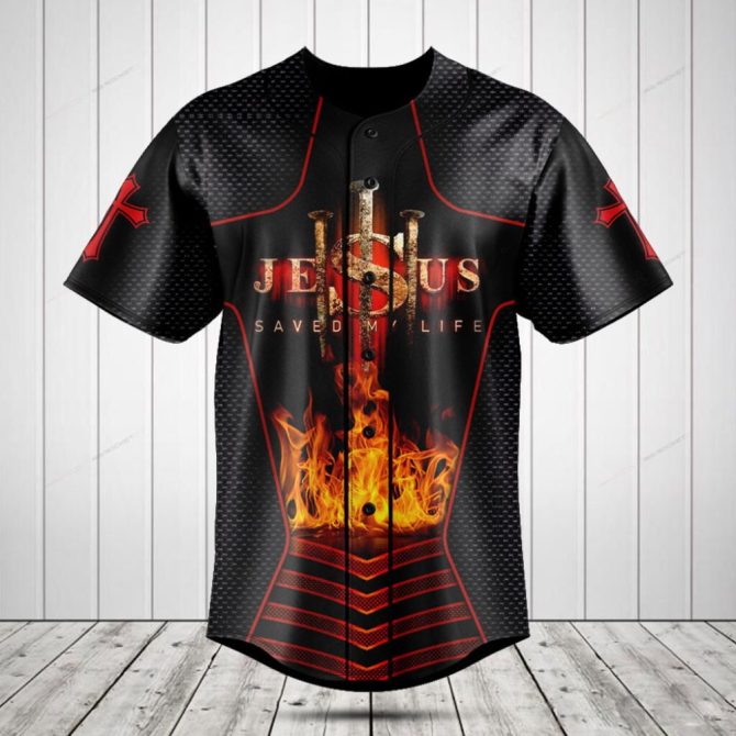 Faith-Inspired Baseball Jersey - 'Jesus Saved My Life' Design, Bold Black & Red With Flame Graphics