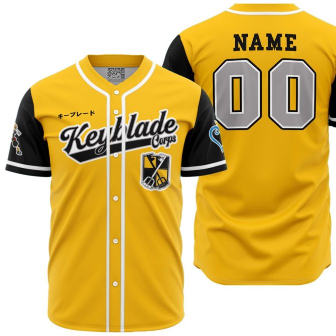 Custom Keyblade Corps Baseball Jersey - Personalized Name & Number - Stylish Yellow & Black Design