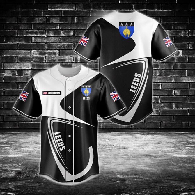 Custom Leeds Baseball Jersey - Stylish Black & White Design With Uk Flag Patches