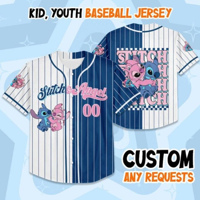 Custom Kids' Stitch & Angel Baseball Jersey - Youth Sports Shirt, Personalized