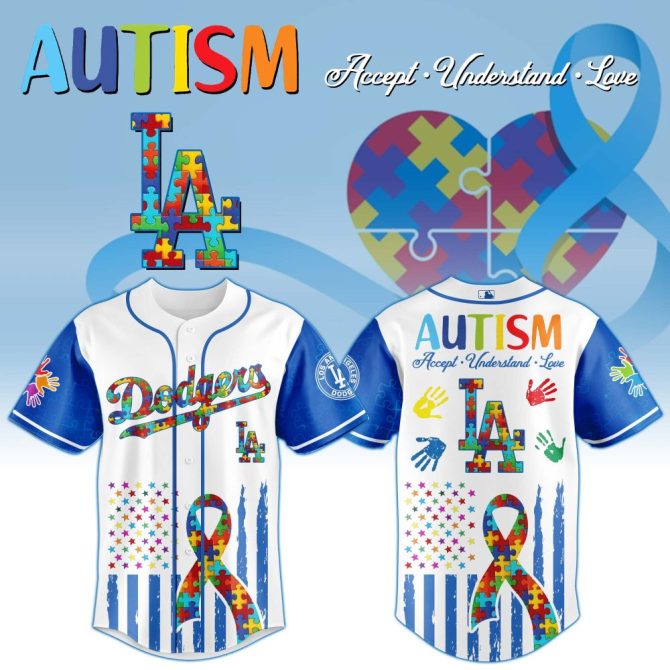 Autism Awareness Baseball Jersey - Colorful Dodgers Puzzle Design, Unisex Support Shirt