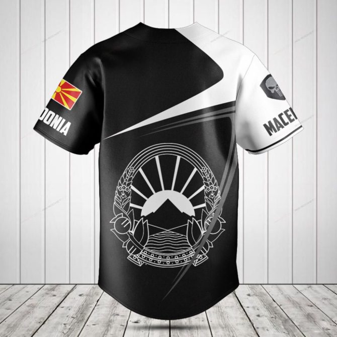Customizable Macedonia Baseball Jersey - Unique Black & White Design With Flag And Name Personalization - Image 2