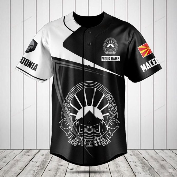Customizable Macedonia Baseball Jersey - Unique Black & White Design With Flag And Name Personalization