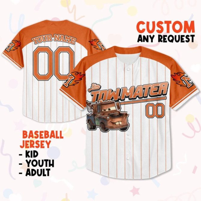 Custom Kids/Youth/Adult Tow Mater Baseball Jersey – Personalize Your Name & Number!