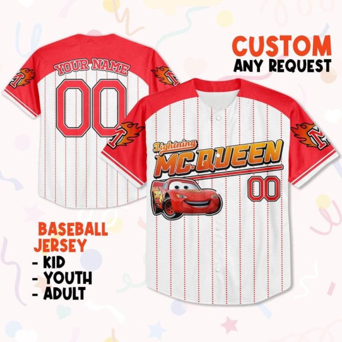 Custom Lightning Mcqueen Baseball Jersey – Personalized Name & Number For Kids, Youth, Adults