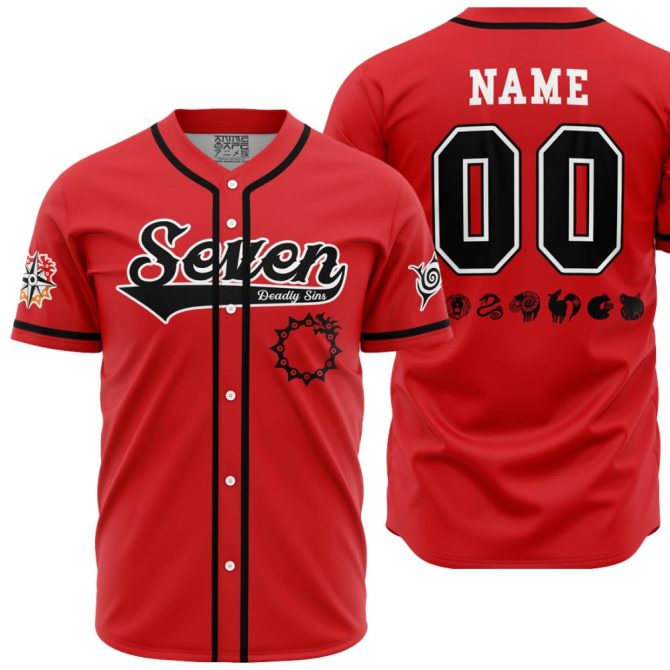 Custom Red Baseball Jersey - Seven Deadly Sins Design, Personalized Name & Number
