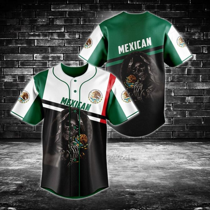 Mexican Flag Baseball Jersey - Stylish Grim Reaper Design, Perfect Gift!
